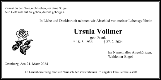 Traueranzeige von Ursula Vollmer von Heimatzeitung Grünberg + Laubach