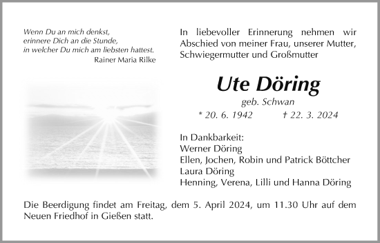 Traueranzeige von Ute Döring von Giessener Allgemeine, Alsfelder Allgemeine, Giessener Anzeiger