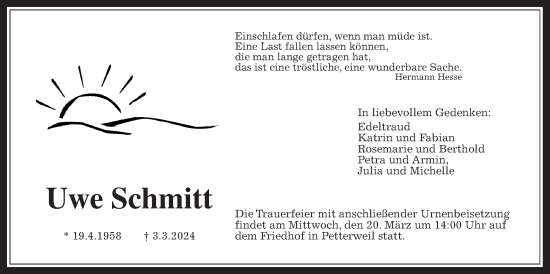 Traueranzeige von Uwe Schmitt von Bad Vilbel/Karben