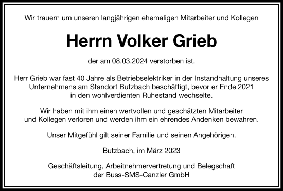 Traueranzeige von Volker Grieb von Butzbacher Zeitung