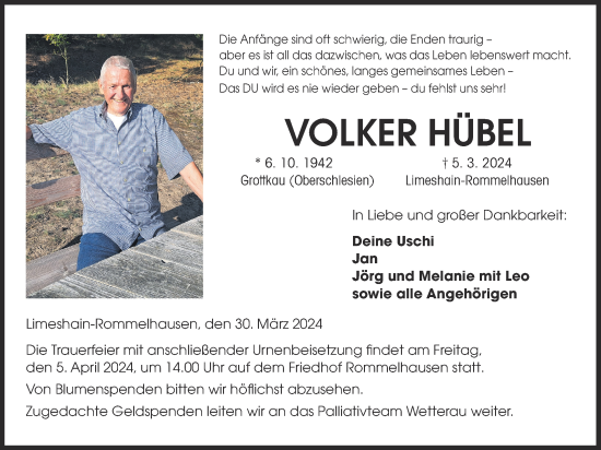 Traueranzeige von Volker Hübel von Kreis-Anzeiger