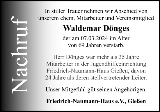Traueranzeige von Waldemar Dönges von Giessener Anzeiger