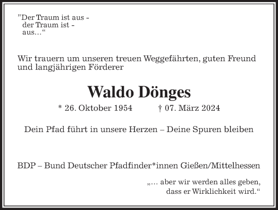 Traueranzeige von Waldemar Dönges von Giessener Allgemeine, Alsfelder Allgemeine, Giessener Anzeiger