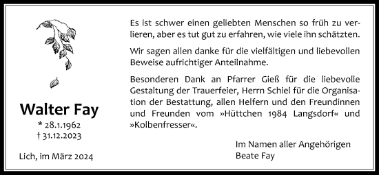 Traueranzeige von Walter Fay von Licher Wochenblatt