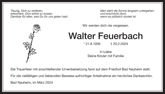 Traueranzeige von Walter Feuerbach von Wetterauer Zeitung