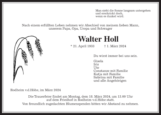 Traueranzeige von Walter Holl von Wetterauer Zeitung