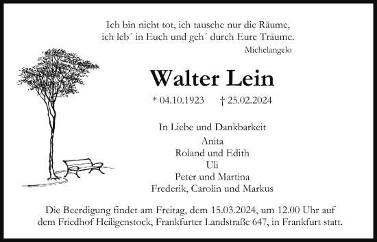 Traueranzeige von Walter Lein von Bad Vilbel/Karben