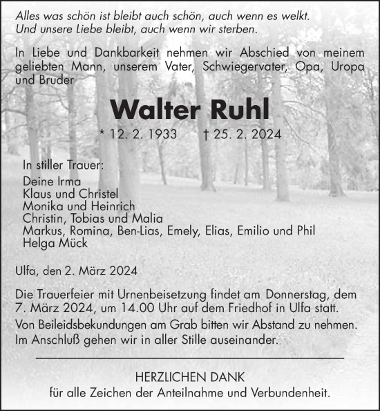 Traueranzeige von Walter Ruhl von Kreis-Anzeiger