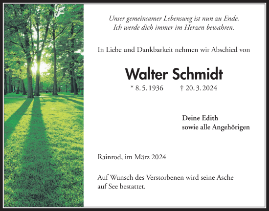 Traueranzeige von Walter Schmidt von Kreis-Anzeiger