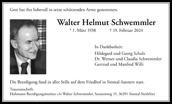 Traueranzeige von Walter Helmut Schwemmler von Giessener Anzeiger
