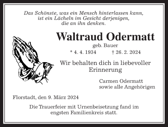 Traueranzeige von Waltraud Odermatt von Wetterauer Zeitung