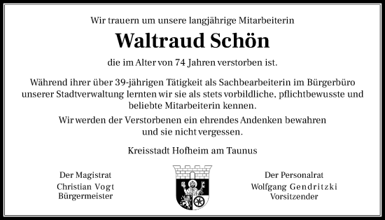 Traueranzeige von Waltraud Schön 