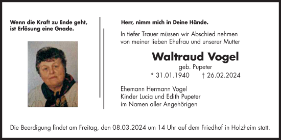Traueranzeige von Waltraud Vogel von Pohlheimer Nachrichten