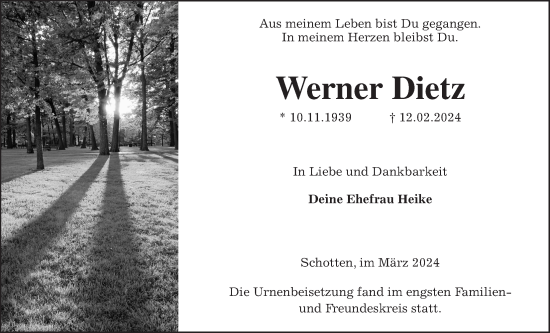 Traueranzeige von Werner Dietz von Kreis-Anzeiger