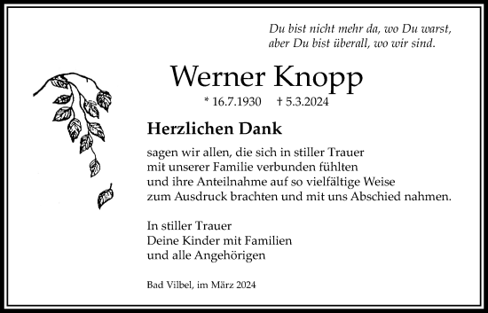 Traueranzeige von Werner Knopp von Bad Vilbel/Karben
