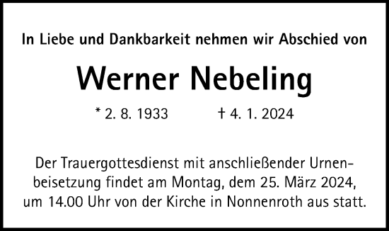 Traueranzeige von Werner Nebeling von Licher Wochenblatt