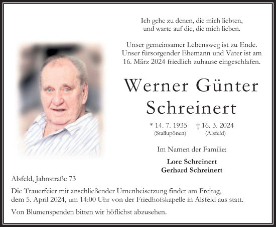 Traueranzeige von Werner Günter Schreinert von Oberhessische Zeitung