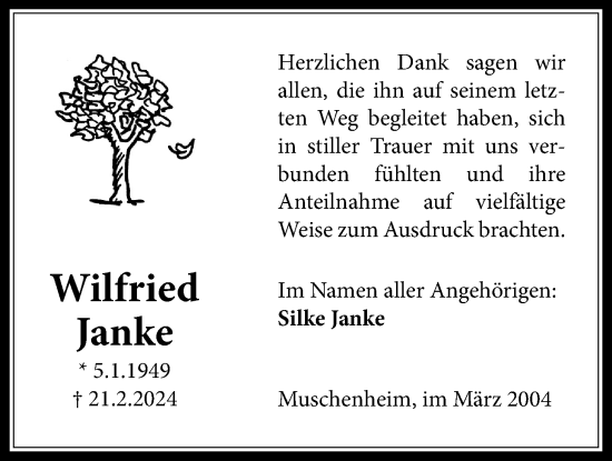 Traueranzeige von Wilfried Janke von Licher Wochenblatt