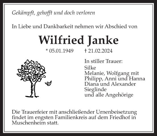 Traueranzeige von Wilfried Janke von Licher Wochenblatt