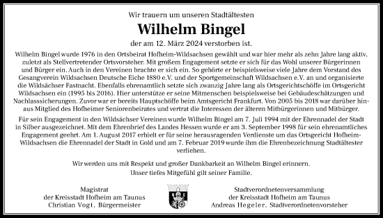 Traueranzeige von Wilhelm Bingel 