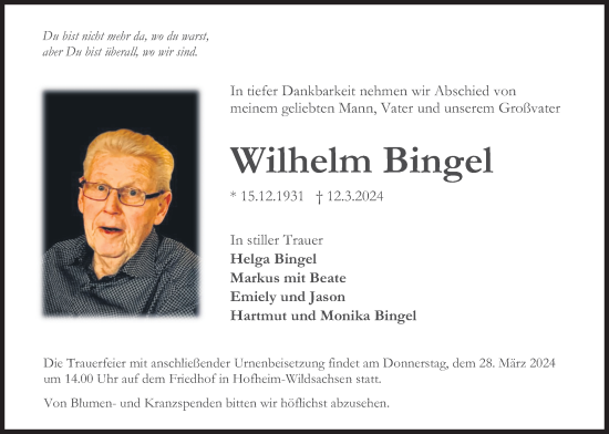 Traueranzeige von Wilhelm Bingel 