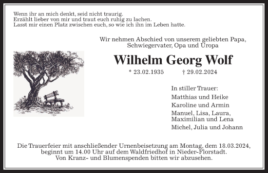 Traueranzeige von Wilhelm Georg Wolf von Wetterauer Zeitung