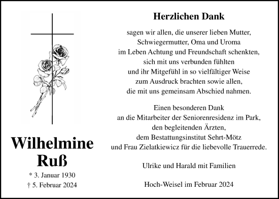 Traueranzeige von Wilhelmine Ruß von Butzbacher Zeitung
