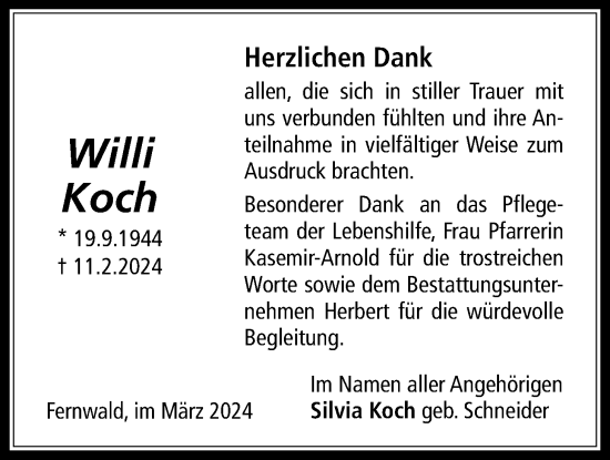 Traueranzeige von Willi Koch von Licher Wochenblatt