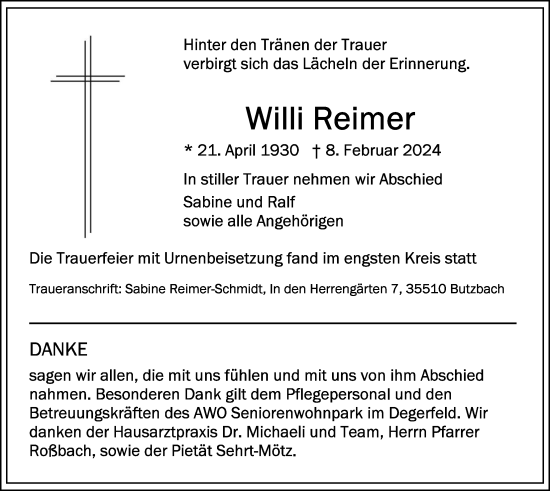 Traueranzeige von Willi Reimer von Butzbacher Zeitung