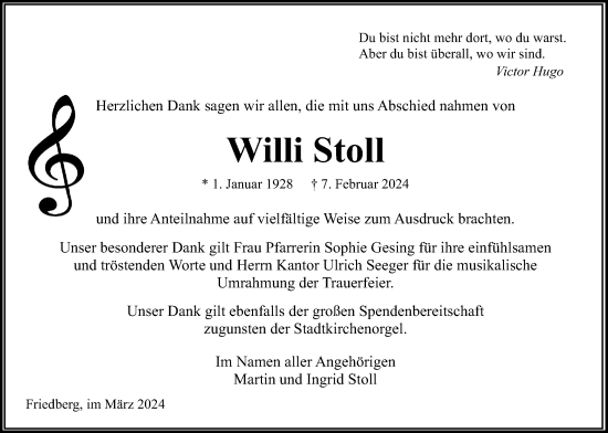 Traueranzeige von Willi Stoll von Wetterauer Zeitung