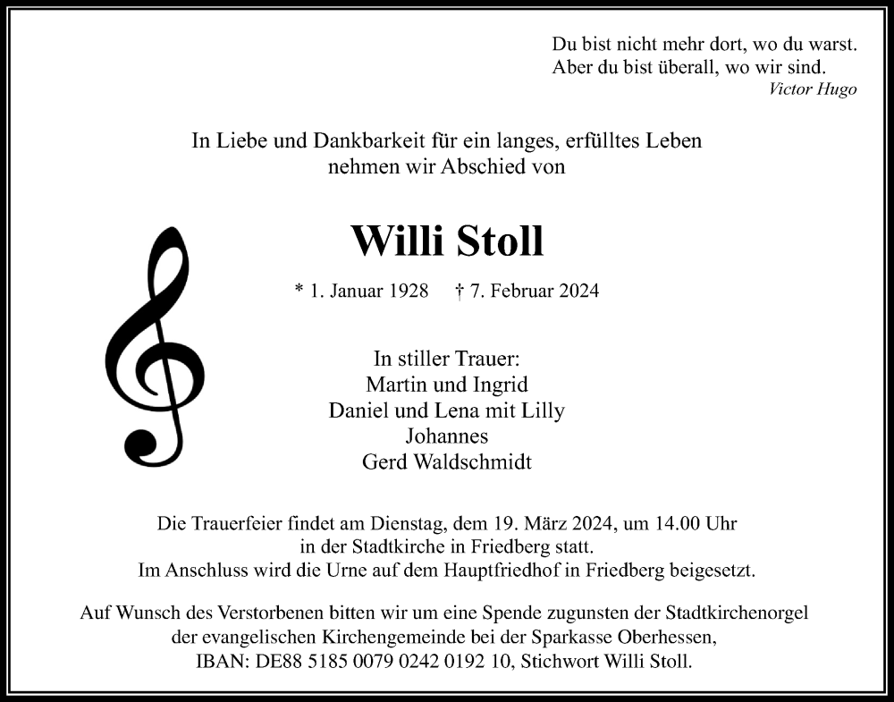  Traueranzeige für Willi Stoll vom 09.03.2024 aus Wetterauer Zeitung