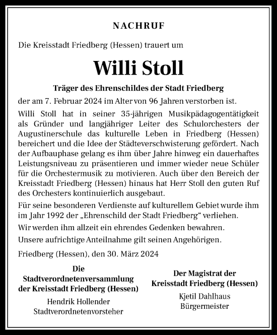 Traueranzeige von Willi Stoll von Wetterauer Zeitung