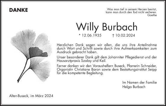 Traueranzeige von Willy Burbach von Giessener Anzeiger, Giessener Allgemeine, Alsfelder Allgemeine