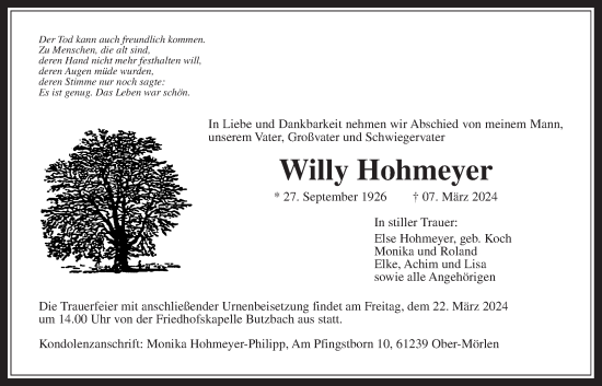 Traueranzeige von Willy Hohmeyer von Wetterauer Zeitung, Lauterbacher Anzeiger