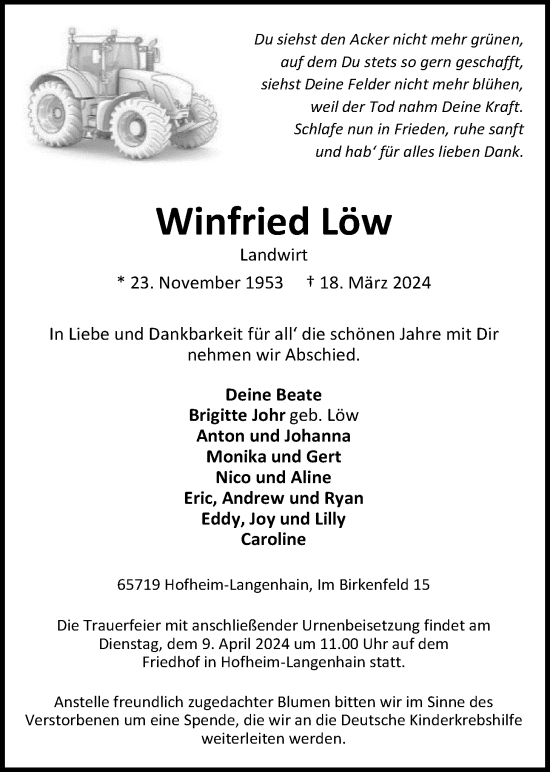 Traueranzeige von Winfried Löw 