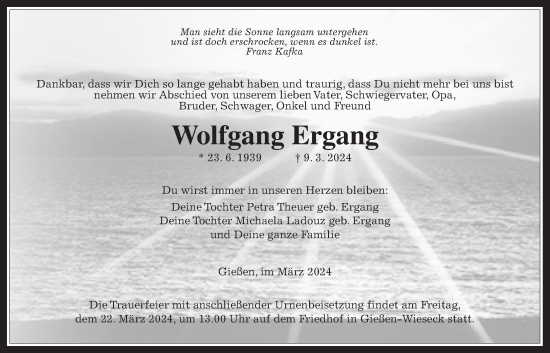Traueranzeige von Wolfgang Ergang von Giessener Anzeiger, Giessener Allgemeine, Alsfelder Allgemeine