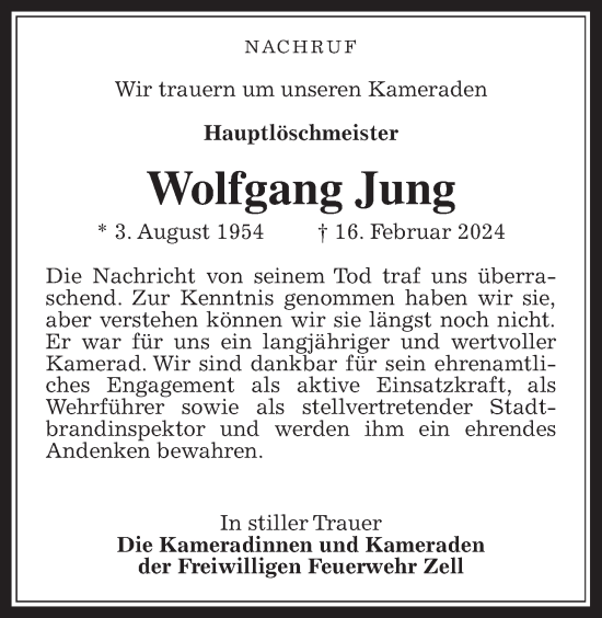 Traueranzeige von Wolfgang Jung von Oberhessische Zeitung