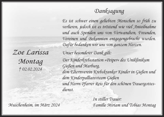 Traueranzeige von Zoe Larissa Montag von Licher Wochenblatt