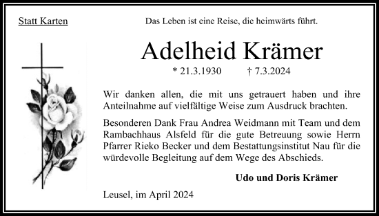 Traueranzeige von Adelheid Krämer von Oberhessische Zeitung