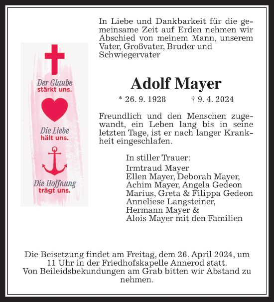 Traueranzeige von Adolf Mayer von Giessener Allgemeine, Alsfelder Allgemeine