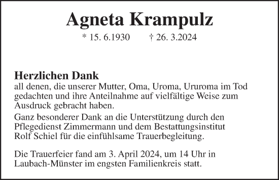 Traueranzeige von Agneta Krampulz von Laubacher Anzeiger