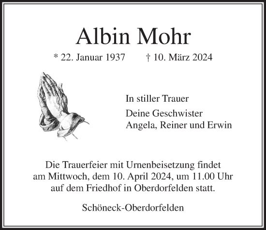 Traueranzeige von Albin Mohr von Bad Vilbel/Karben