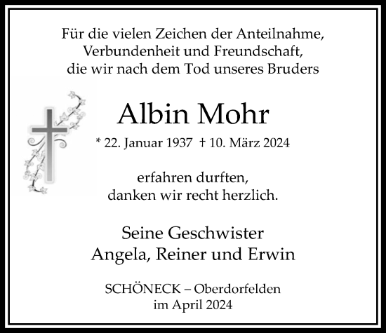Traueranzeige von Albin Mohr von Bad Vilbel/Karben