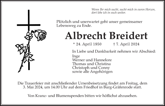 Traueranzeige von Albrecht Breidert von Bad Vilbel/Karben