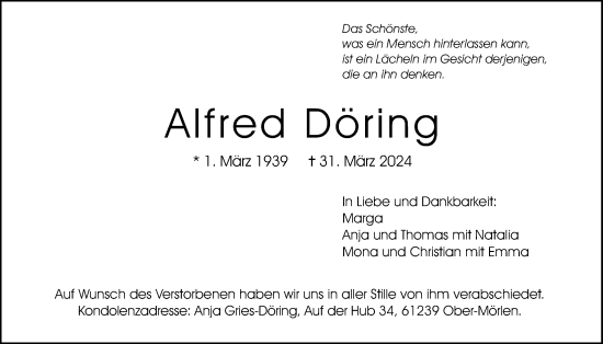 Traueranzeige von Alfred Döring von Wetterauer Zeitung