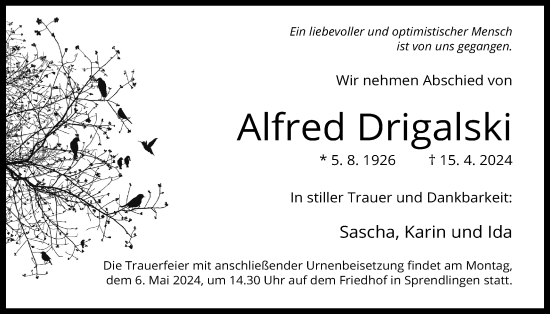 Traueranzeige von Alfred Drigalski von Giessener Allgemeine, Alsfelder Allgemeine