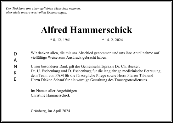 Traueranzeige von Alfred Hammerschick von Giessener Allgemeine, Alsfelder Allgemeine, Giessener Anzeiger