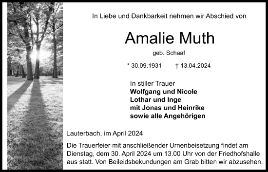 Traueranzeige von Amalie Muth von Lauterbacher Anzeiger