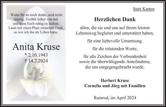 Traueranzeige von Anita Kruse von Oberhessische Zeitung