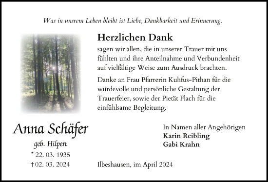 Traueranzeige von Anna Schäfer von Lauterbacher Anzeiger